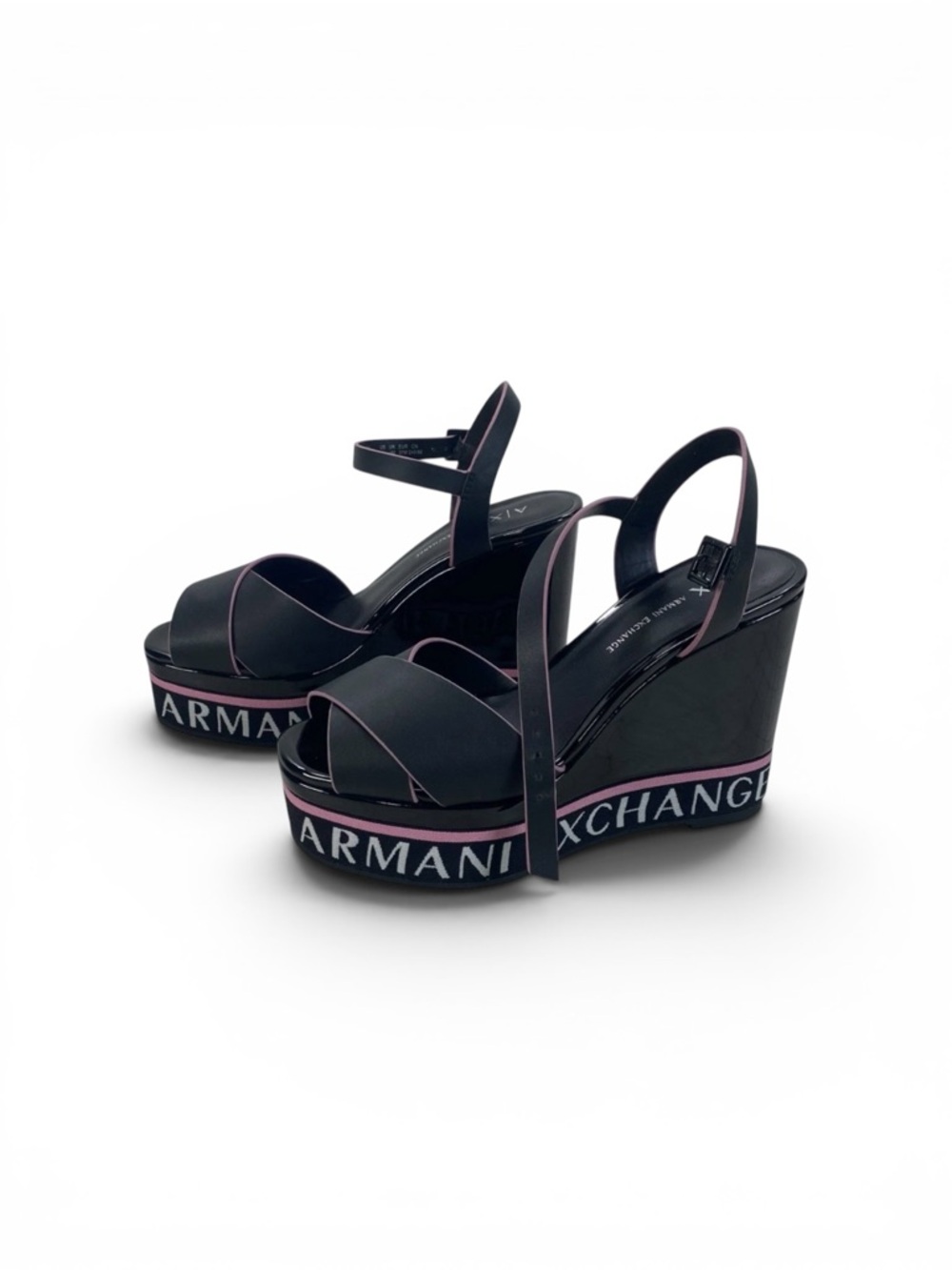 Armani Exchange Black Wedge Sandals with Pink Trim and Logo Band